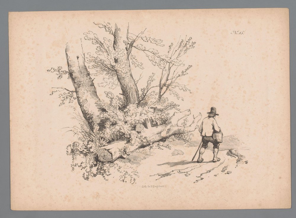Landschaft mit Bäumen und einem Mann mit Spazierstock und Korb von Paulus Lauters