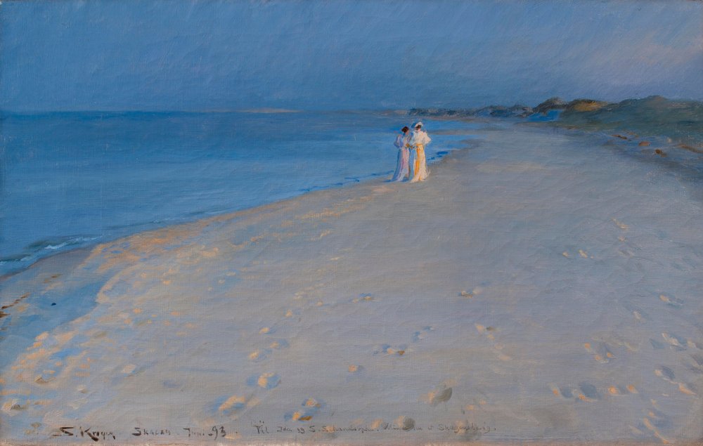 Sommerabend am Südstrand, Skagen. Anna Acher und Marie Krøyer von Peder Severin Krøyer