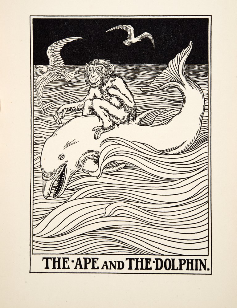 Der Affe und der Delfin, aus Hundert Fabeln von Aesop, veröffentlicht 1903 von Percy J. Billingshurst