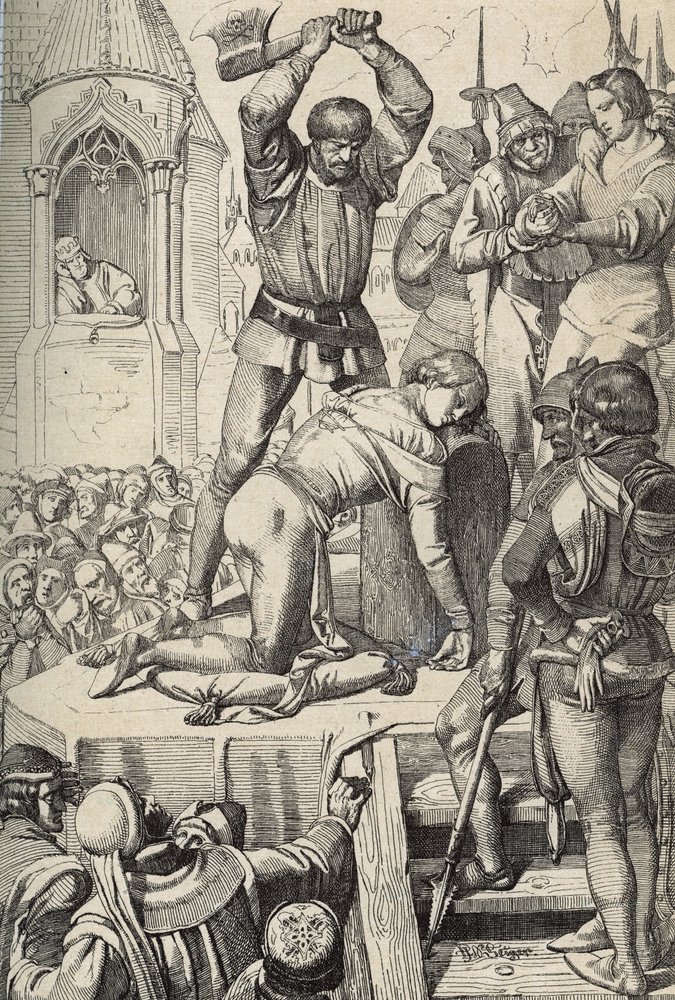 Die Hinrichtung von Conradin (oder Konrad von Hohenstaufen) König von Sizilien und Herzog von Schwaben (1252-1268) auf Befehl von Karl von Anjou nach der Schlacht von Tagliacozzo im Jahr 1268 (Hinrichtung von Conradin (oder Konrad dem Jüngeren), letzter St von Peter Johann Nepomuck Geiger