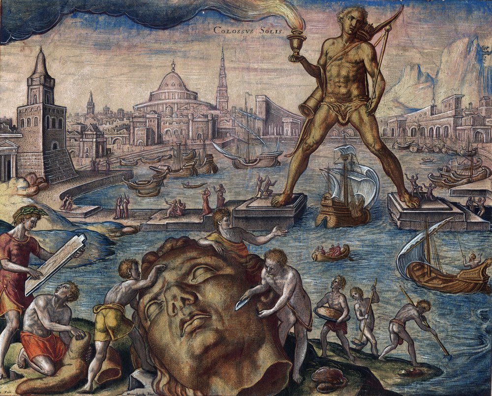 Sieben Weltwunder: „Der Koloss von Rhodos“ (aus der Serie „Die acht Weltwunder“), nach Maarten van Heemskerck - Galle, Philipp (1537-1612) - 1572 - Stadtbibliothek von Philip (after) Galle