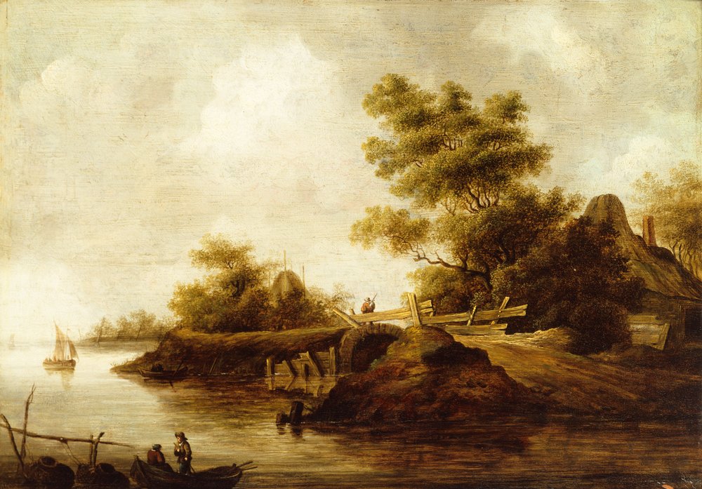 Flusslandschaft mit Figuren in einem Boot und einem Reisenden auf einer Brücke von Pieter Nolpe