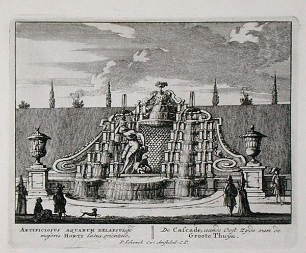 Die Kaskade in einem orientalischen Garten, aus 'Admirandorum Quadruplex Spectaculum', von Jan van Call (1656-1703), veröffentlicht vor 1715 von Pieter Schenk