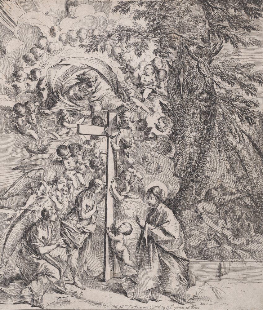 Der Traum des heiligen Joseph, der rechts schläft, die Jungfrau und das Kind bei einem Kreuz von Pietro Testa