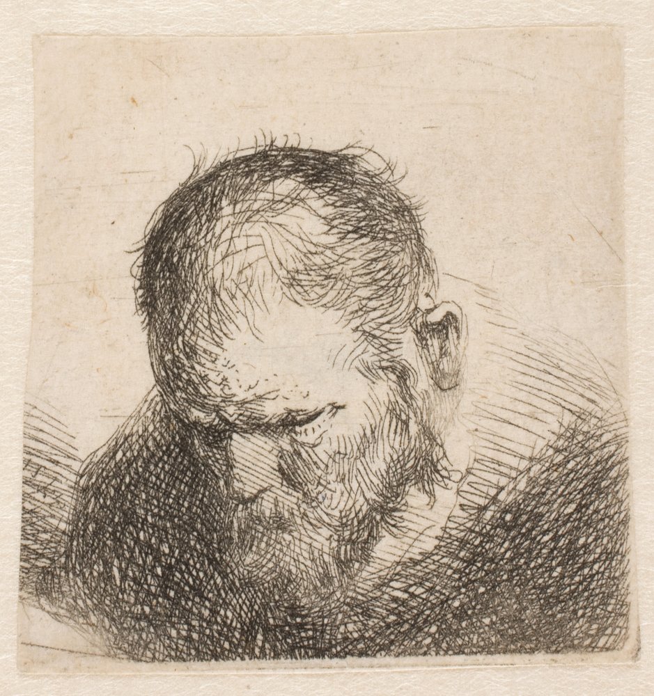 Kleine Büste eines bärtigen Mannes, der nach unten schaut, mit fast geschlossenen Augen von Rembrandt van Rijn