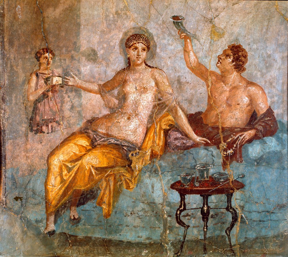 Römische Kunst: Bankettszene, ein junger Mann und eine Kurtisane (ein Bankett im antiken Rom, ein junger Mann und eine Kurtisane). Römisches Fresko im 4. pompejanischen Stil von der Fundstätte Ercolano (Herculanum oder Herculaneum), 60-80 n. Chr. Maße 65 von Roman