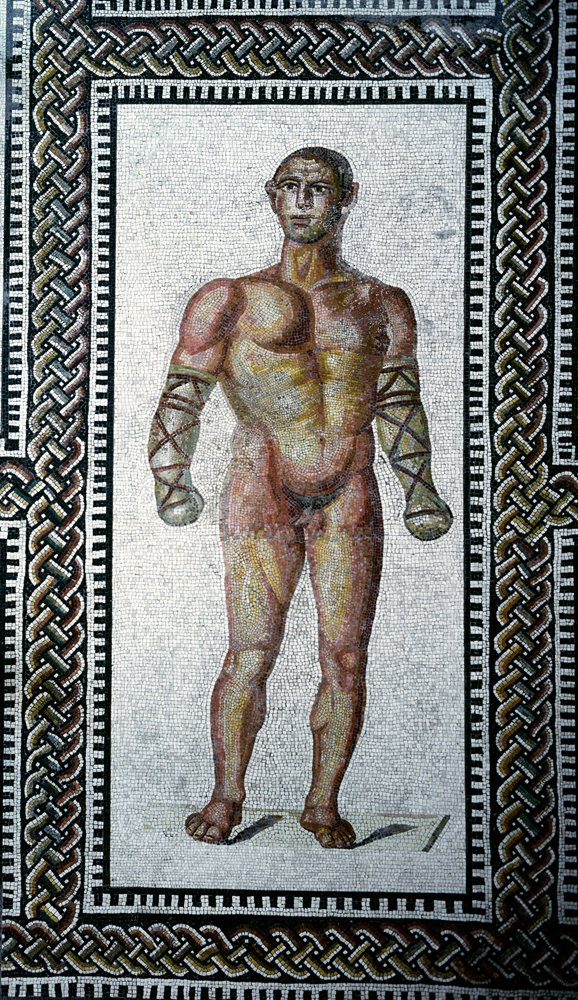 Römische Kunst: Gladiator. Fußbodenmosaik aus den Caracalla-Thermen. 212 n. Chr. Rom, Museo Nazionale Romano (oder delle Terme). von Roman