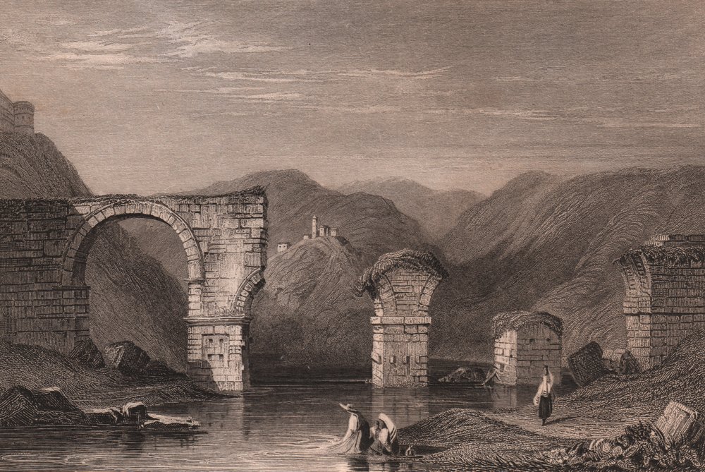 Ansicht der römischen Ruinen der Augustusbrücke (Ponte di Augusto) über den Nera-Fluss von Samuel Prout
