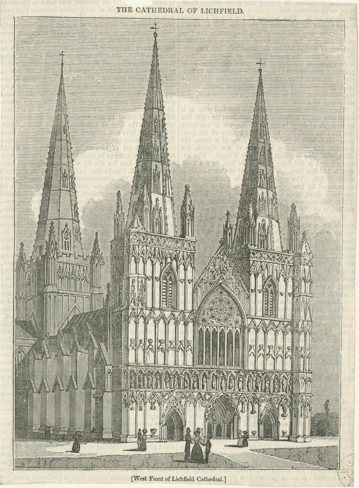 Lichfield Cathedral - Westfassade: Holzschnitt, undatiert [?19. Jahrhundert] von School English