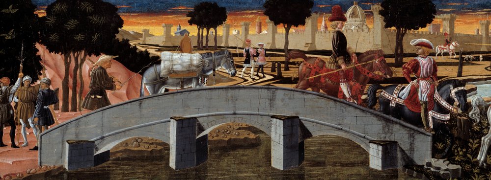 Passagiere überqueren eine Brücke (Detail) von School Florentine