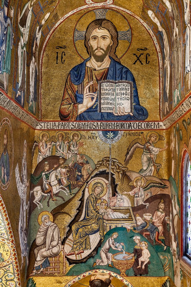 Die Palatinkapelle (Basilika), Südliche Apsis oder St. Pauls "Absidiola", Mosaiken: "Christus Pantokrator" und "Geburt Christi", XII. Jahrhundert von Sicilian School
