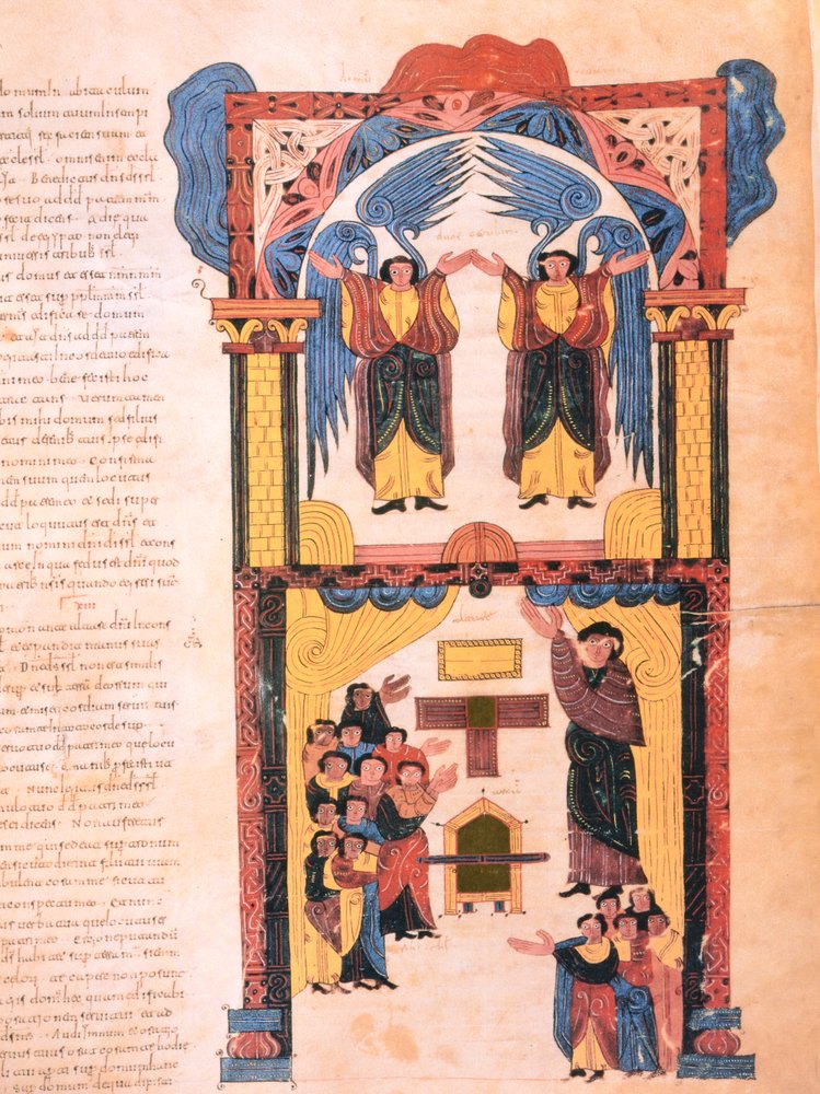Engel und David mit der Bundeslade vor dem Tempel Salomos, fol. 139r., aus der westgotisch-mozarabischen Bibel des heiligen Isidor, 960 n. Chr. von Spanish School
