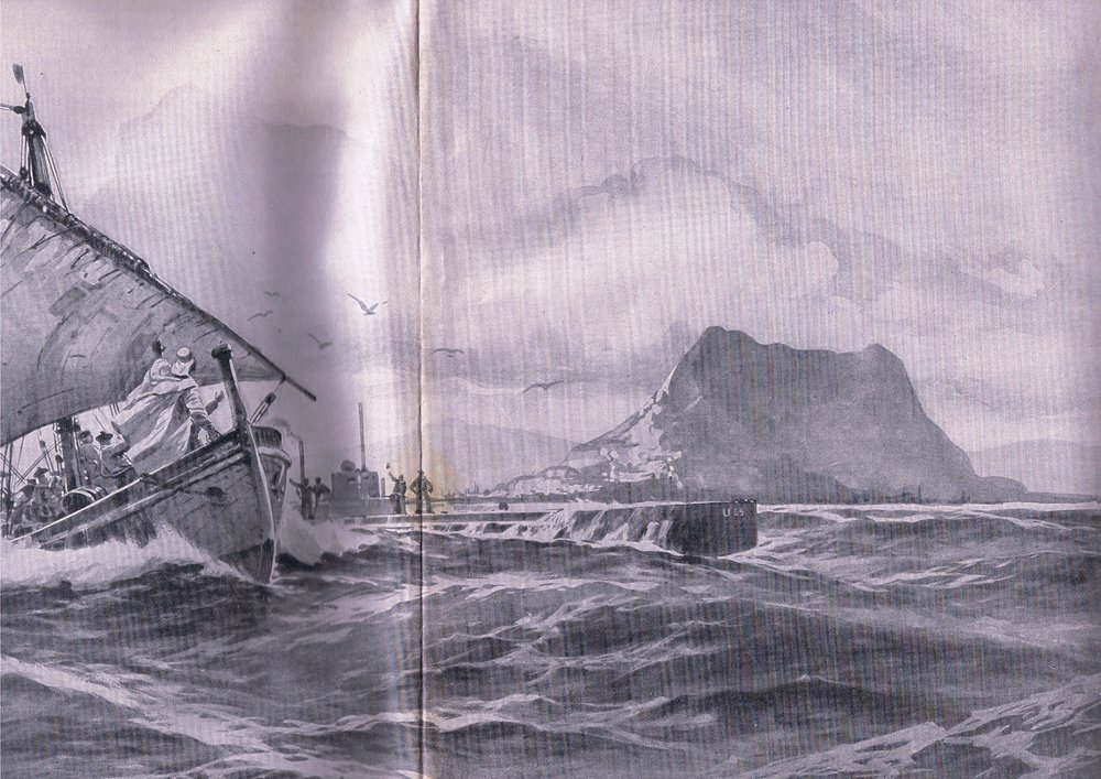 Deutsches U-Boot durchquert die Straße von Gibraltar auf dem Weg zu den Dardanellen, aus Die illustrierte Geschichte des Weltkriegs 1914-1915, veröffentlicht von Union Berlagsefellfchaft von Willy Stoewer