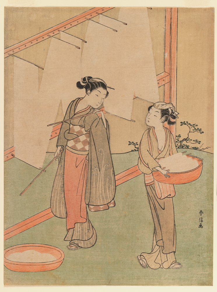Junges Mädchen und Diener trocknen japanische feine Nudeln, ca. 1766 von Suzuki Harunobu