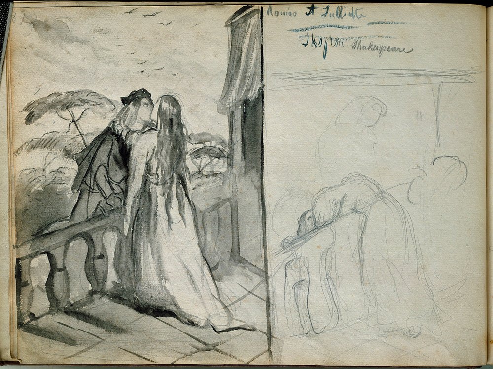 Die Liebenden Romeo und Julia. Illustration des gleichnamigen Stücks von William Shakespeare (1564-1616), die Liebende zeigt, die sich auf dem Balkon küssen. Skizze von Theodore Chasseriau (1819-1856) Paris. Louvre Museum von Théodore Chassériau