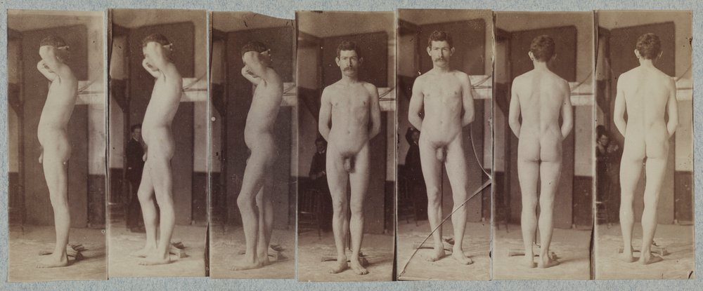 Fotografien des stehenden männlichen Aktmodells Joseph Smith, ca. 1883 von Thomas Eakins