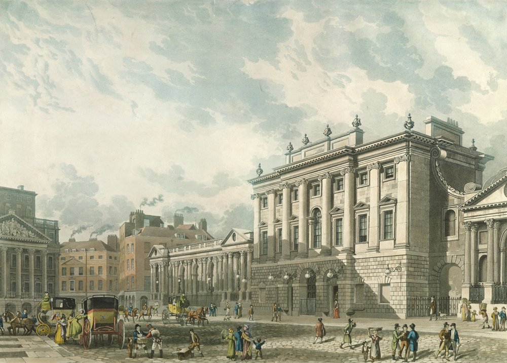 Ansicht der Bank of England, gestochen von Daniel Havell (1785-1826), 1816 in Ackermanns „Repository of Arts“ veröffentlicht von Thomas Hosmer Shepherd