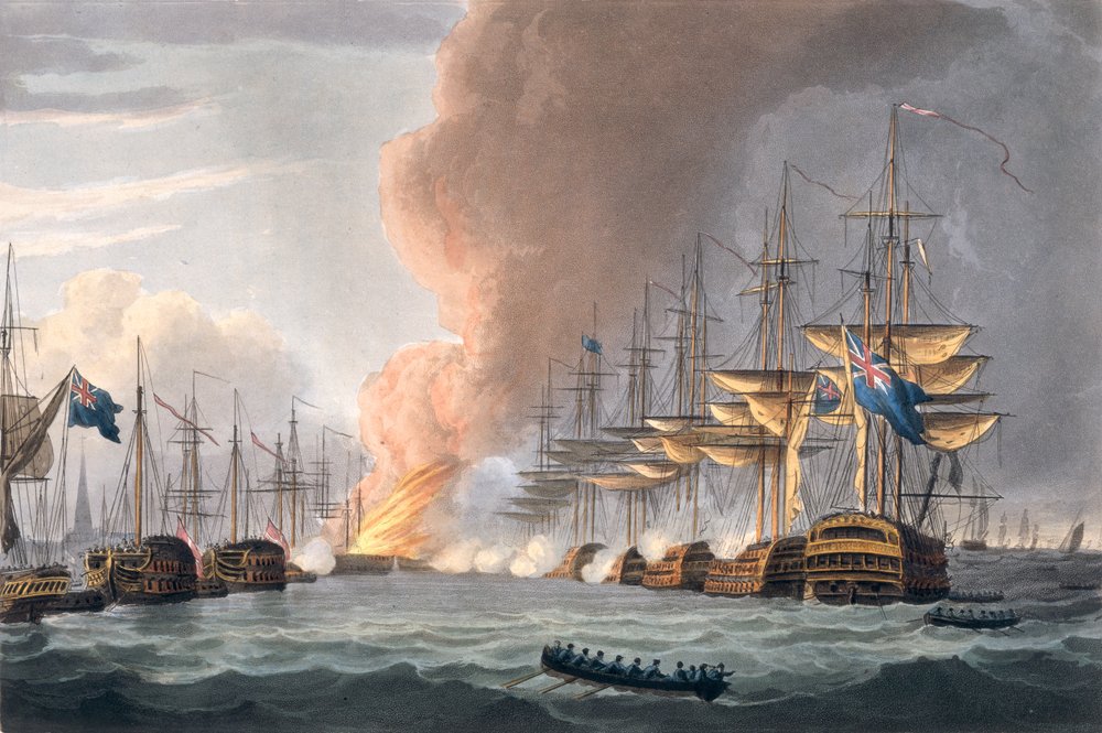 Zerstörung der dänischen Flotte vor Kopenhagen, 2. April 1801, graviert von Thomas Sutherland für J. Jenkins