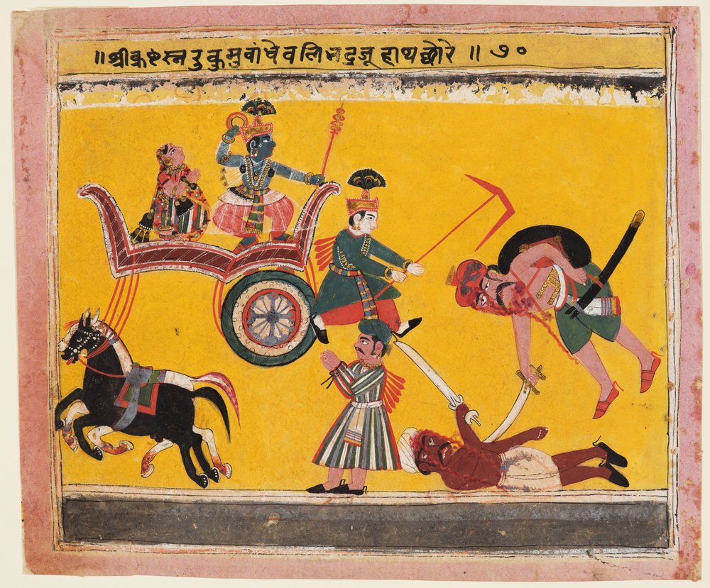 Eine Seite aus einem Bhagavata Purana: Nachdem Krishna Rukma, Rukminis Bruder, gebunden hatte, Balarama..., um 1640 von Unbekannt