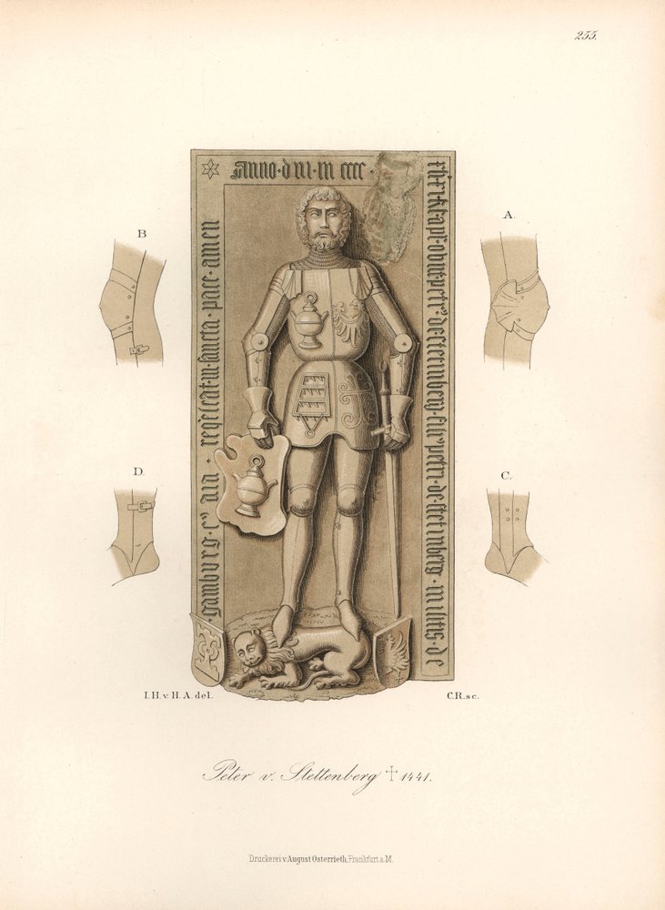 Ritter in Rüstung des 15. Jahrhunderts, mit Details der Bindungen an Knien und Ellbogen - Grabstein von Peter von Stettenberg, gestorben 1441 - Chromolithographie, Zeichnung von Jakob Heinrich von Hefner-Alteneck (1811-1903), für sein Buch "Costumes, craft von Unbekannter Künstler