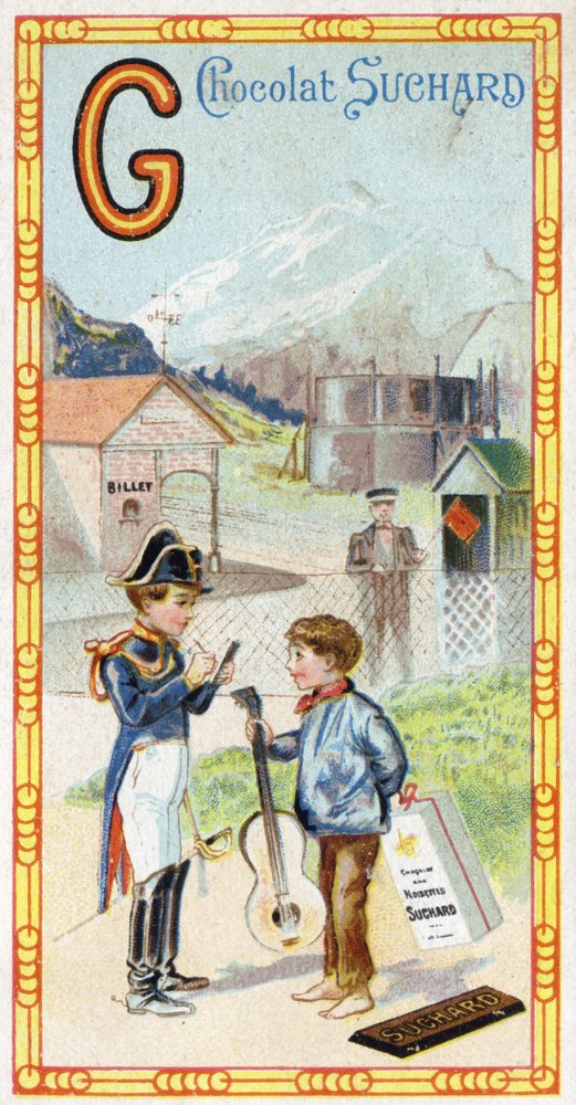 Buchstabe G: Gletscher, Gendarm, Gasometer, Kind, Station, Krieger, Wetterfahne, Gitarre. Gravur des Alphabets herausgegeben von Chocolat Suchard, Anfang des 20. Jahrhunderts. 24 Chromolithografien. von Unbekannt