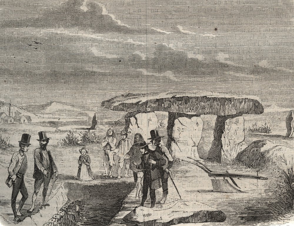 Archäologische Ausgrabungen: Entdeckung von gallischen Gräbern in der Nähe des Dolmen de la Pierre aux Fées in der Oise. Gravur von 1856 in „Le Musée Des Sciences“. von Unknown artist