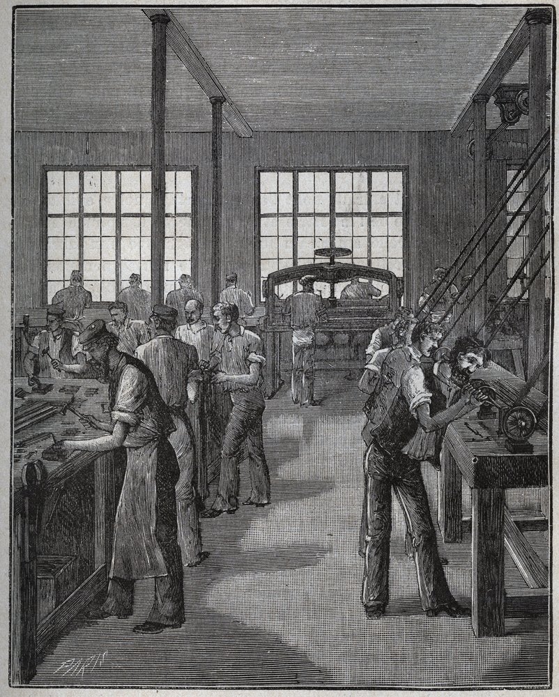 Herstellung von Federhaltern und Bleistifthaltern. Gravur von 1885 in „Les arts et métiers illustrés“ von Adolphe Bitard. von Unknown artist