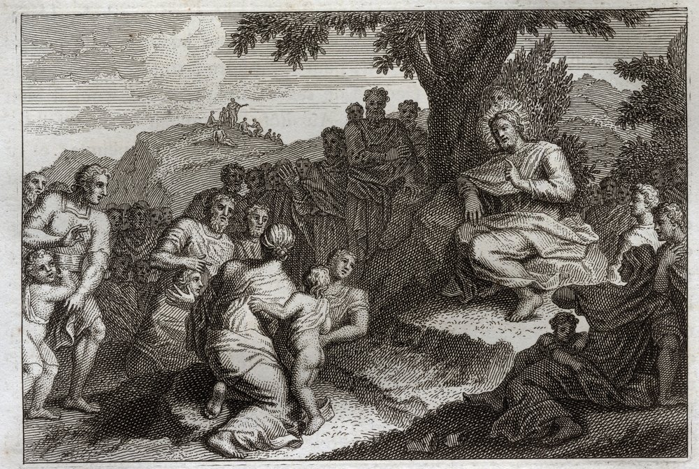 Royaumont-Bibel, Neues Testament: Bergpredigt. Jesus Christus wählt zwölf Apostel aus seinen Jüngern und hält vor ihnen und vor einer großen Menge die Predigt, die gewöhnlich Bergpredigt genannt wird. Illustration von 1811. von Unknown artist