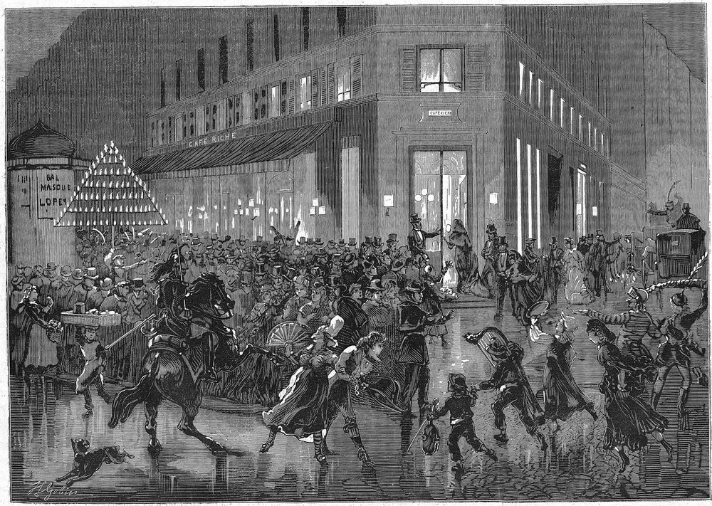 Der Boulevard der Italiener in Paris bei einer Ballnacht in der Oper. (Gravur 1873) von Unknown artist