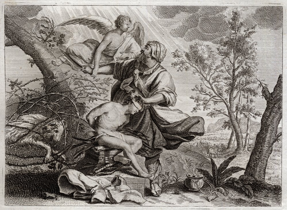 Royaumont-Bibel, Altes Testament: Opferung Abrahams. Ein Engel hält Abrahams Hand vor der Opferung seines Sohnes Isaak. Links steht der Widder, den Abraham stattdessen töten wird. Illustration von 1811 von Unknown artist
