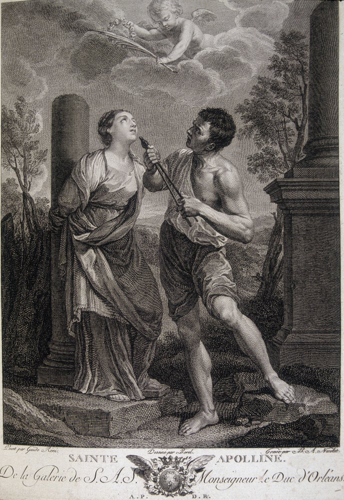 Die heilige Apollonia während der Verfolgungen, ihr werden die Zähne gebrochen, weil sie sich weigerte, den römischen Göttern zu huldigen. Gravur aus dem 17. Jahrhundert. von Unknown artist