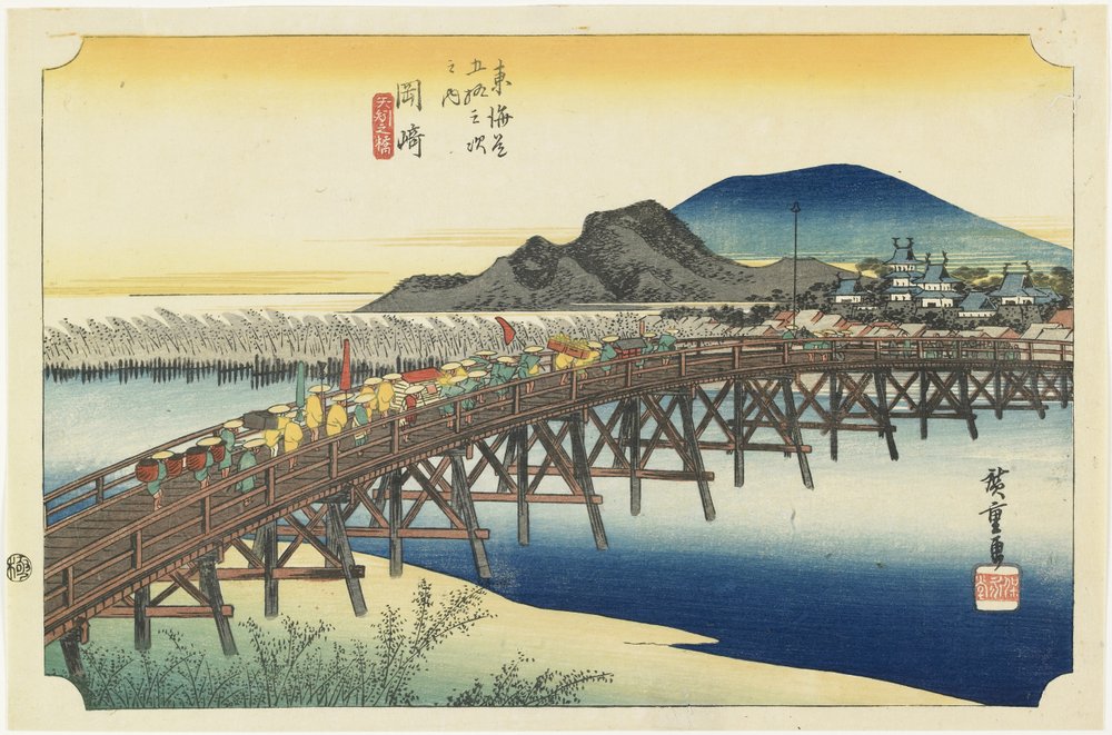 Okazaki--Yahagi-Brücke, um 1833 von Utagawa Hiroshige