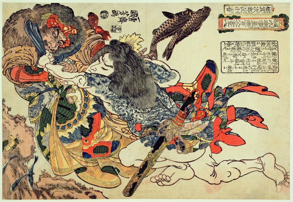 Tameijiro Genshogo kämpft unter Wasser gegen einen gepanzerten Mann, aus der Serie 