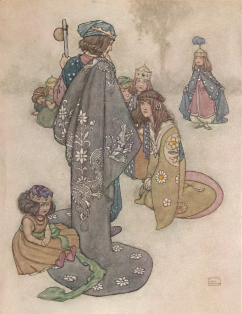 Prinzessinnen fand er in Hülle und Fülle, aber ob sie echte Prinzessinnen waren, war unmöglich für ihn zu entscheiden von William Heath Robinson