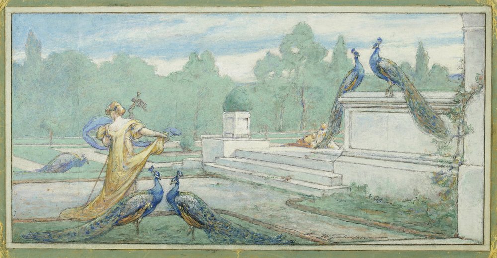 Rasen mit Pfauen, Sonnenlicht von Walter Shirlaw