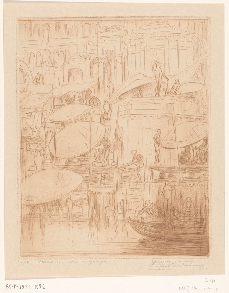 Badende und betende Männer und Frauen am Ufer des Ganges in Benares von Wijnand Otto Jan Nieuwenkamp (signed by artist)