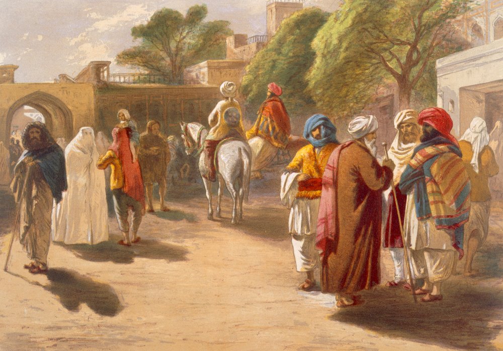 Marktszene in Peschawar, aus „India Ancient and Modern“, 1867 von William Crimea Simpson