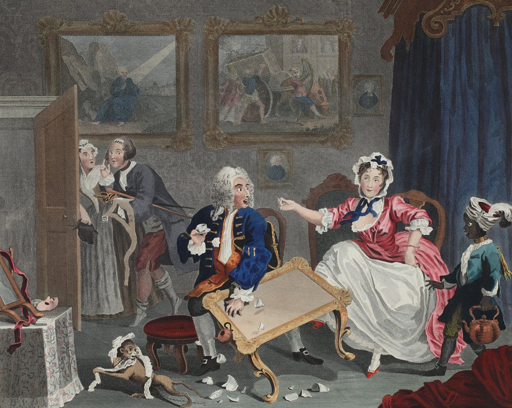 Der Lebenslauf einer Dirne, Tafel II, Illustration aus „Hogarth Restored: The Whole Works of the celebrated William Hogarth, re-engraved by Thomas Cook“, veröffentlicht 1812 von William Hogarth