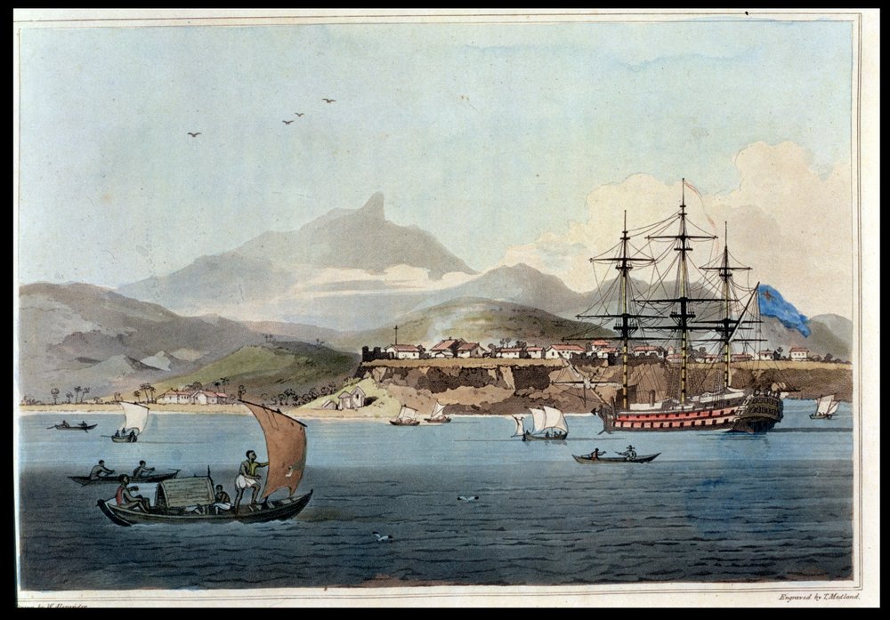 Porto Praya auf der Insel St. Jago, Tafel 4 aus „A Voyage to Cochinchina“ von John Barrow (1764-1848), gestochen von Thomas Medland (1755-1823), 1806 von William Alexander