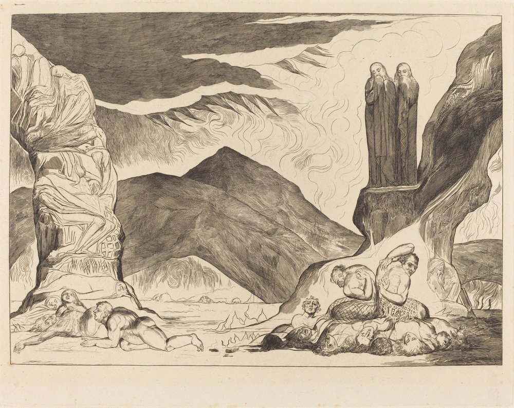 Der Kreis der Fälscher; Dante und Virgil halten sich wegen des Gestanks die Nasen zu von William Blake
