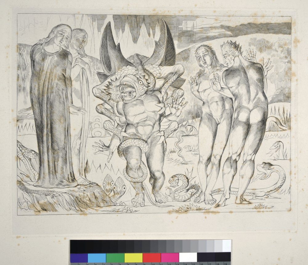 Der Kreis der Diebe: Agnolo Brunelleschi wird von einer sechsfingrigen Schlange angegriffen. Inferno, Canto XXV, Illustration zur Göttlichen Komödie von Dante Alighieri von William Blake