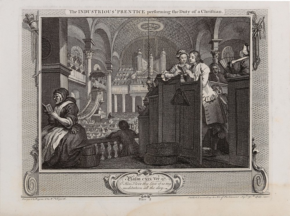 Der fleißige Lehrling, der die Pflicht eines Christen erfüllt. Serie Industrie und Fleiß, 1747 von William Hogarth