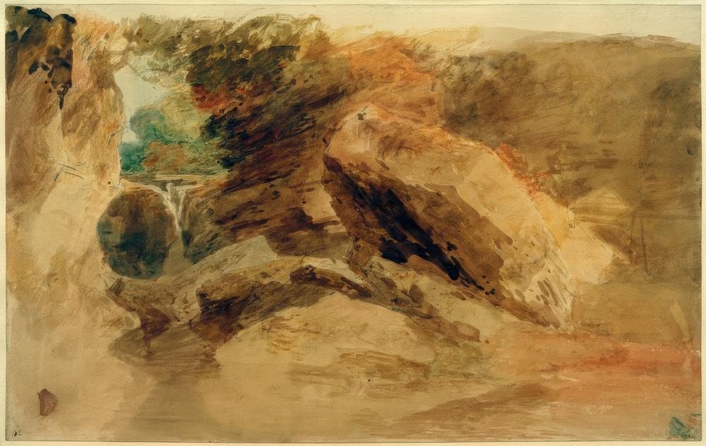 Felsen unter einer Klippe, mit einem Bach, der in einen engen Kanal fällt von Joseph Mallord William Turner