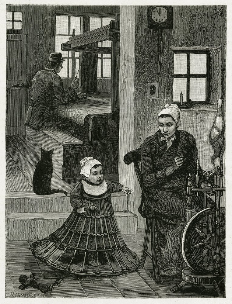 Innenraum der Wohnung und Werkstatt des Webers, mit dem Weber und dem Rad sowie einem Kind mit einem Weidenrock von Xavier Mellery