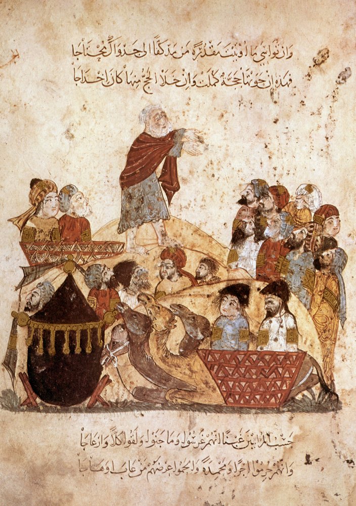Abou Zayd predigt für eine Karawane von Pilgern, aus Maqamat von Al Hariri, ca. 1240 von Yahya ibn Mahmud Al-Wasiti