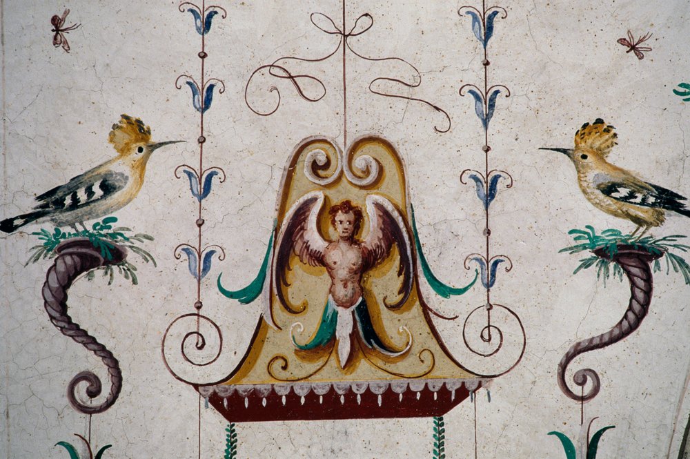 Vögel, Detail aus Fresken im Gewölbe der Groteskensaal (16. Jahrhundert), Schloss Manta, Saluzzo, Piemont von Georg Carl Heinrich Dollmann