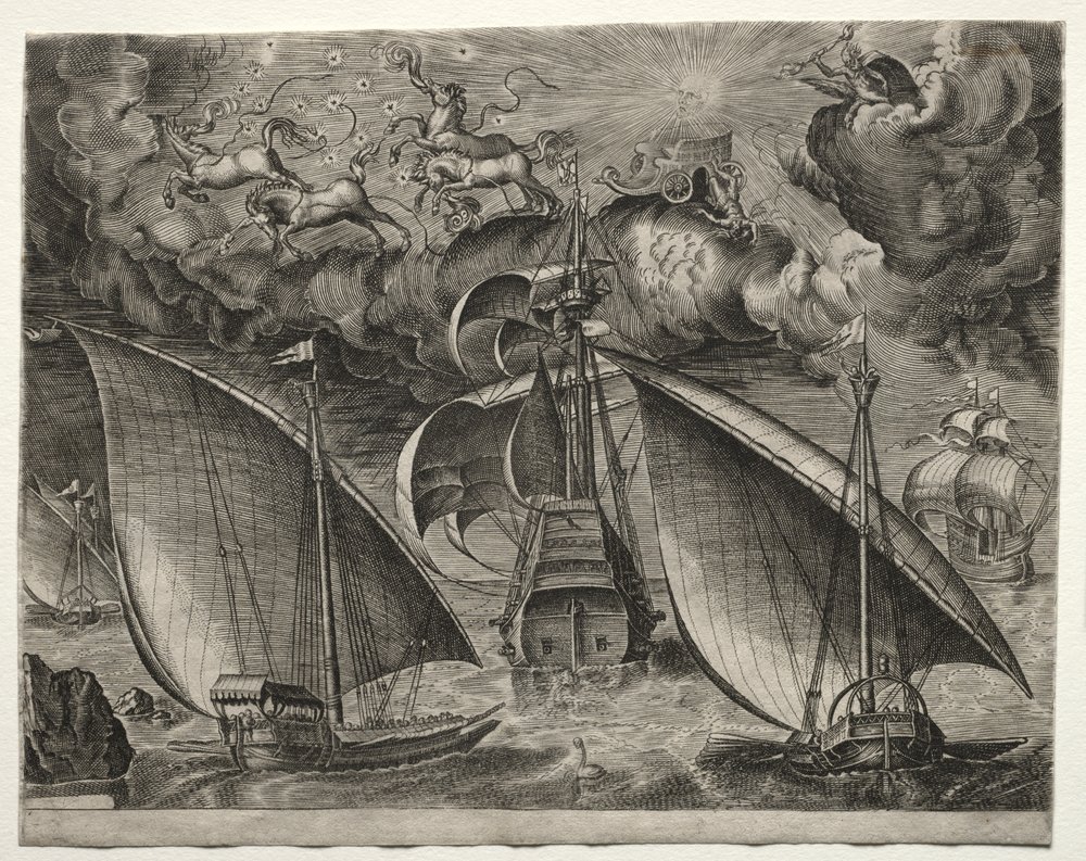 Segelschiffe: Zwei Galeeren segeln hinter einem bewaffneten Dreimaster mit Phaeton und Jupiter am Himmel von after Pieter Bruegel