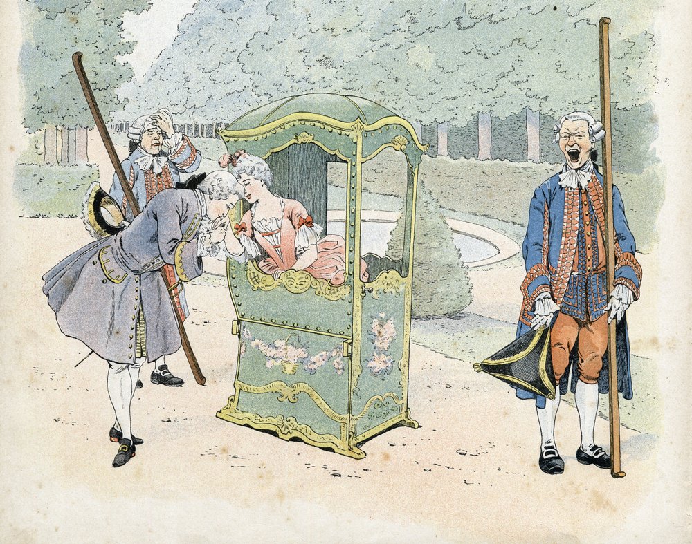 Französische Galanterie im 18. Jahrhundert: ein junger Mann küsst die Hand einer Frau in einem Rollstuhl. in „Frankreich, seine Geschichte erzählt von G. Montorgueil, illustriert von Job“ 1896. Private Sammlung von pseudonym for Jacques Onfroy de Bréville Job