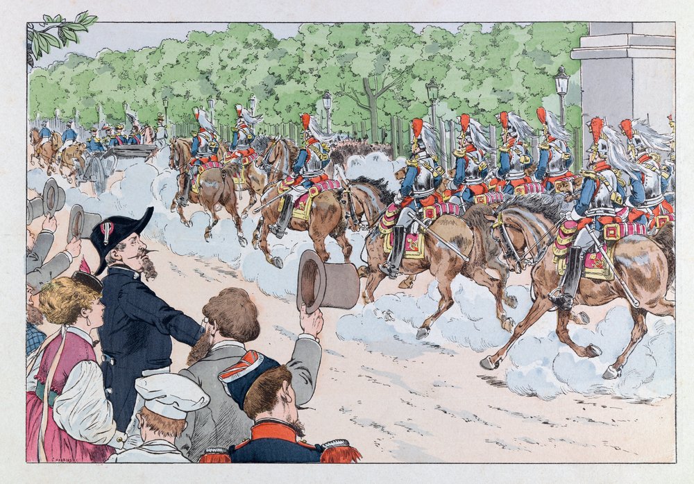 Illustration aus dem Buch „Les épées de France“: Eskorte von Kaiser Napoleon III. auf den Champs-Élysées von pseudonym for Jacques Onfroy de Bréville Job