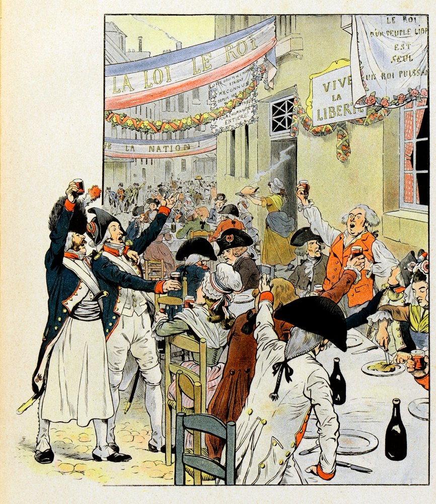 Revolutionäres Bankett nach der Eroberung der Bastille - Illustration von Job für das Buch „La Tour d